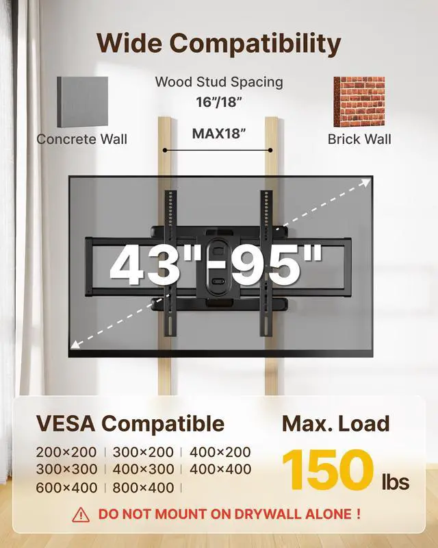 Alt view image 2 of 7 - Full Motion Dual Arm TV Wall Mount for 43-90 Inch TVs | TV mount bracket holds 150 lbs, Max VESA 800x400mm, fits 16/18 in wood studs, extends 22 in, tool-free tilt/swivel/level