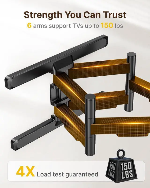 Alt view image 3 of 7 - Full Motion Dual Arm TV Wall Mount for 43-90 Inch TVs | TV mount bracket holds 150 lbs, Max VESA 800x400mm, fits 16/18 in wood studs, extends 22 in, tool-free tilt/swivel/level