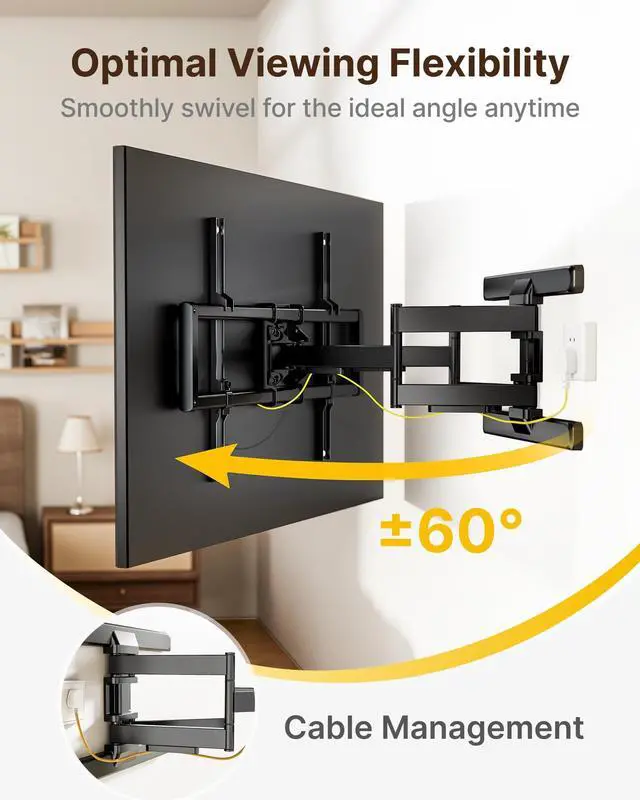 Alt view image 5 of 7 - Full Motion Dual Arm TV Wall Mount for 43-90 Inch TVs | TV mount bracket holds 150 lbs, Max VESA 800x400mm, fits 16/18 in wood studs, extends 22 in, tool-free tilt/swivel/level