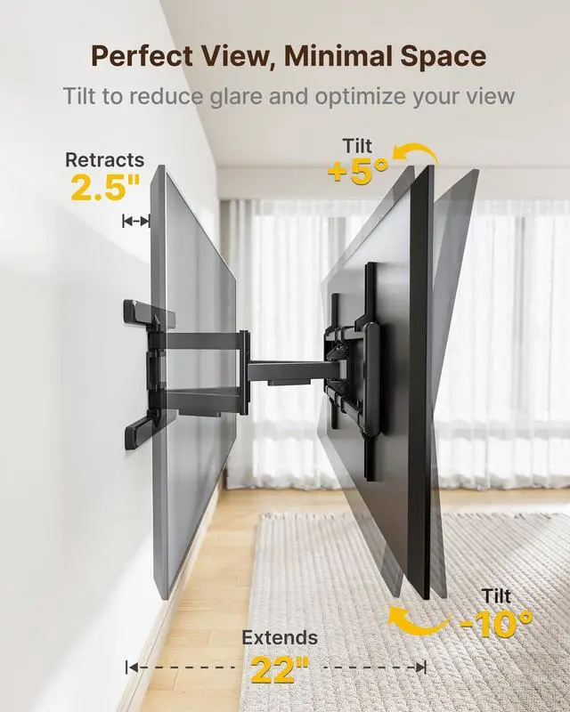 Alt view image 4 of 7 - Full Motion Dual Arm TV Wall Mount for 43-90 Inch TVs | TV mount bracket holds 150 lbs, Max VESA 800x400mm, fits 16/18 in wood studs, extends 22 in, tool-free tilt/swivel/level