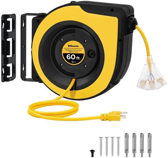 Main image of Retractable Cord Reel, 60 FT Heavy Duty Extension Cord, 12AWG/3C SJTOW, 3 Grounded Outlets Lighted Triple Tap, 15A Circuit Breaker, Wall/Ceiling Mounted, UL Listed, Yellow Y60CR06