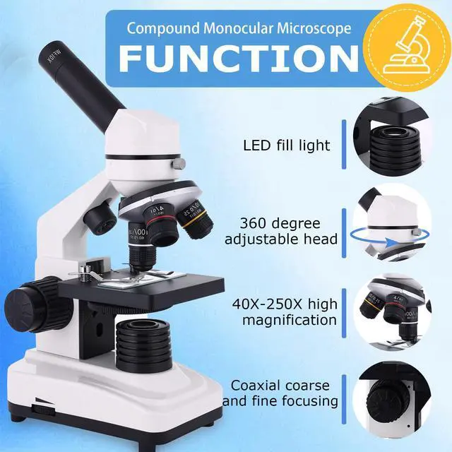 Alt view image 2 of 7 - Microscope for Kids & Adults, 40X-2500X High-Power Compound Microscope for Students, School Lab & Home Schooling,Features Prepared Slides & Phone Holder