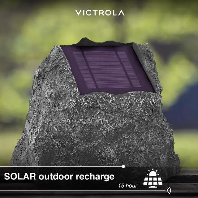 Alt view image 2 of 7 - Victrola The Solar Rock Speakers Pair, 14 Hours PlayTime, IPX4 Rechargeable Solar Outdoor Bluetooth Speakers for Garden, Patio, Built for All Seasons, Wireless Music Streaming, Charcoal