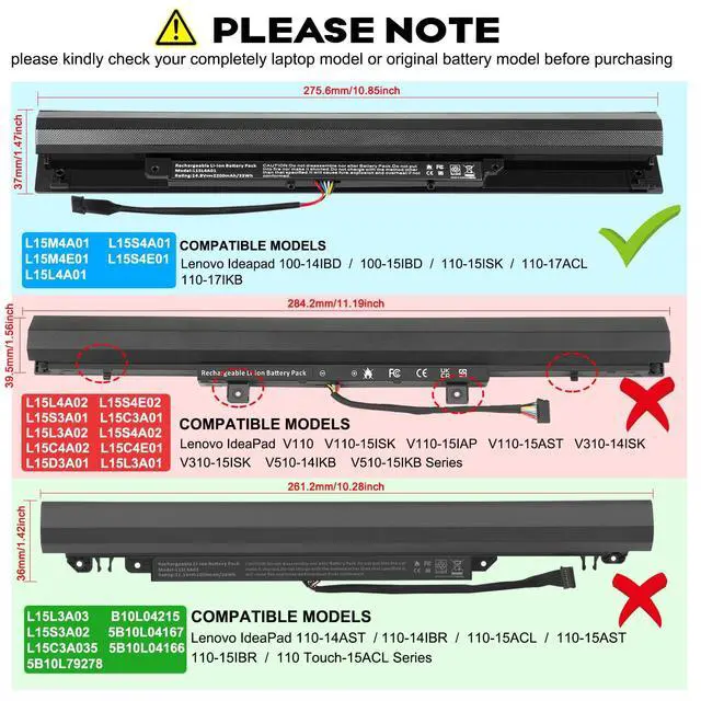 Alt view image 2 of 7 - L15L4A01 Battery for Lenovo V4400 Ideapad 100-14IBD 100-15IBD 110-15ISK 110-17ACL 110-17IKB 300-15ABM 300-15IBR 300-15IBY 300-15IBR 300-15IBY 300-15IBY 300-15ISK 300-17ISK 80Q70021US 80UD