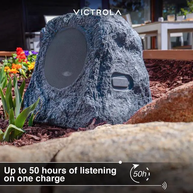 Alt view image 4 of 7 - Victrola The Solar Rock Speakers Pair, 14 Hours PlayTime, IPX4 Rechargeable Solar Outdoor Bluetooth Speakers for Garden, Patio, Built for All Seasons, Wireless Music Streaming, Charcoal