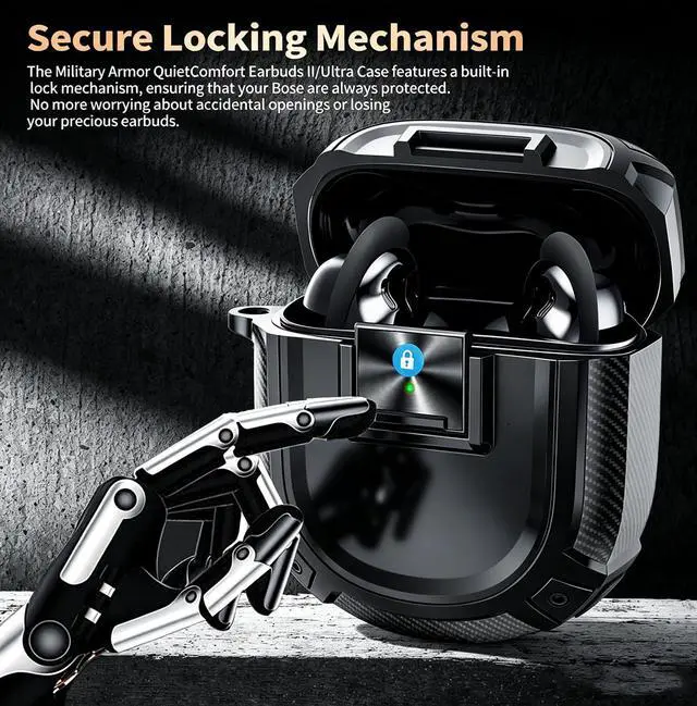 Alt view image 2 of 7 - for New Bose QuietComfort Ultra Earbuds (2nd Gen 2025)/Ultra 2023/II 2022 Case Cover with Lock Clip&Cleaner kit, Rugged Shockproof Protective Bose QC Ultra 2 Hard Skin with Carabiner - Black