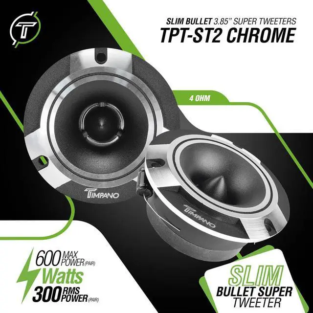 Alt view image 2 of 7 - TPT-ST2 Chrome Slim Super Tweeter, 600 Watts 4 Ohm, 105 dB, 1 in Voice Coil, 3.85 inch Pro Car Sound System Bullet Tweeters (Pair)