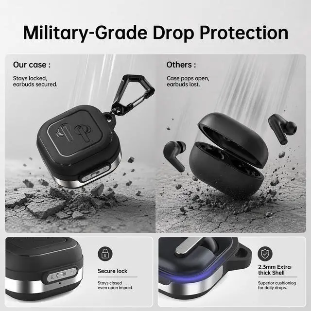 Alt view image 4 of 7 - for Galaxy Buds 4 Pro Case & Galaxy Buds 4 Case (2026), Black | Secure Lock Case with Keychain, Full-Body Shockproof Armor Protective Cover