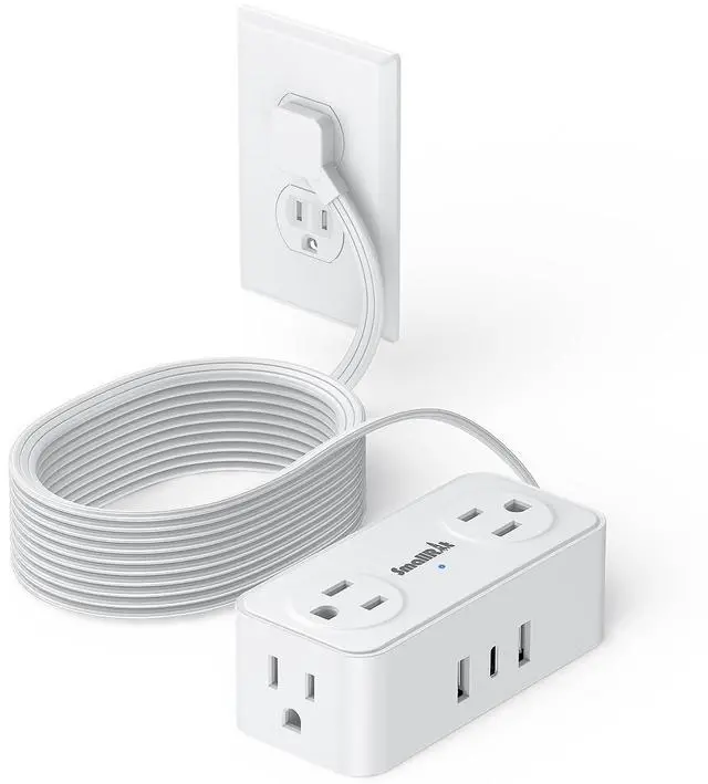 Main image of 10 Ft Power Strip with 4 Outlets 3 USB Ports Extension Cord, Flat Plug Charging Station for Home Office Desk & College Dorm Essentials, White