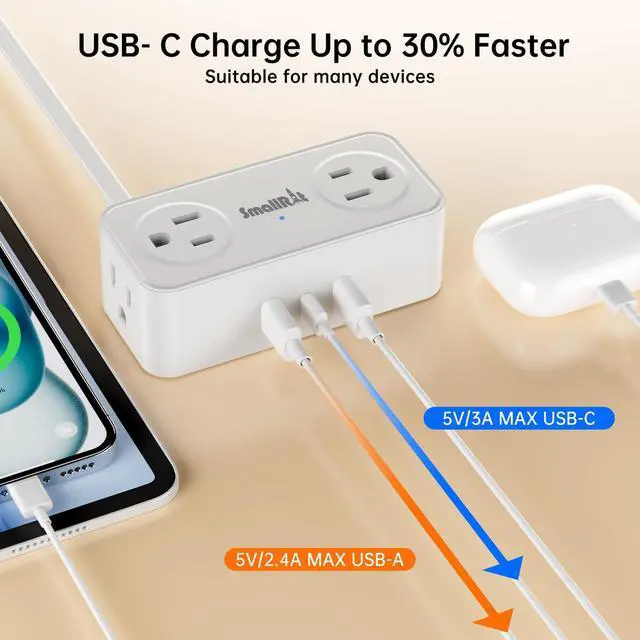 Alt view image 3 of 6 - 10 Ft Power Strip with 4 Outlets 3 USB Ports Extension Cord, Flat Plug Charging Station for Home Office Desk & College Dorm Essentials, White