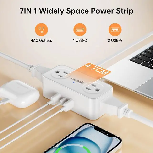 Alt view image 2 of 6 - 10 Ft Power Strip with 4 Outlets 3 USB Ports Extension Cord, Flat Plug Charging Station for Home Office Desk & College Dorm Essentials, White
