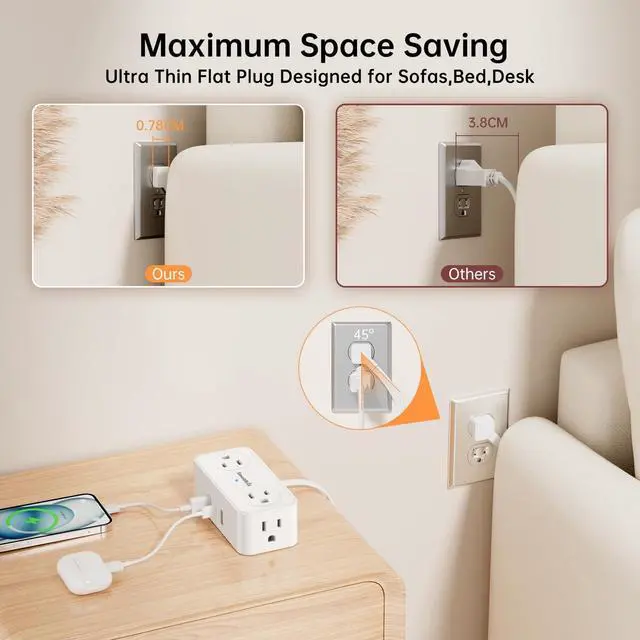 Alt view image 4 of 6 - 10 Ft Power Strip with 4 Outlets 3 USB Ports Extension Cord, Flat Plug Charging Station for Home Office Desk & College Dorm Essentials, White