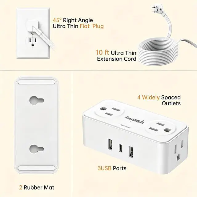 Alt view image 6 of 6 - 10 Ft Power Strip with 4 Outlets 3 USB Ports Extension Cord, Flat Plug Charging Station for Home Office Desk & College Dorm Essentials, White