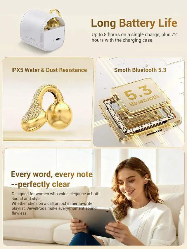 Alt view image 6 of 7 - JewelPods C01 Pro Open Ear Headphones, Gold | Luxury Jewelry, Wireless Earbuds