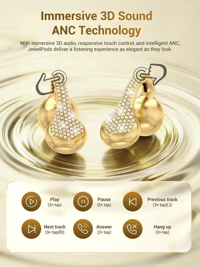 Alt view image 7 of 7 - JewelPods C01 Pro Open Ear Headphones, Gold | Luxury Jewelry, Wireless Earbuds