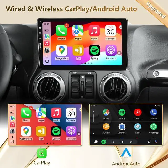 Alt view image 2 of 6 - Car Radio Stereo for Jeep Wrangler JK 2007-2018 Dodge Ram 2009-2012, Android 13/ 10inch QLED IPS Touch Screen/Wireless Carplay/Android Auto/Bluetooth/GPS Navigation/WiFi/5G/1080P Back-up Camera/SWC/FM