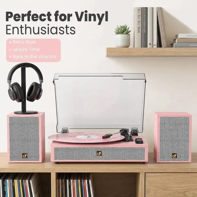 Alt view image 2 of 7 - TE-2028 Pink Bluetooth Record Player with External Speakers Belt-Drive Turntable for Vinyl Records Dual Stereo Speakers LP Players Support 3 Speed 3 Size, AUX RCA Output, Auto Stop