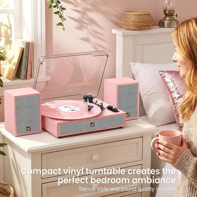 Alt view image 3 of 7 - TE-2028 Pink Bluetooth Record Player with External Speakers Belt-Drive Turntable for Vinyl Records Dual Stereo Speakers LP Players Support 3 Speed 3 Size, AUX RCA Output, Auto Stop