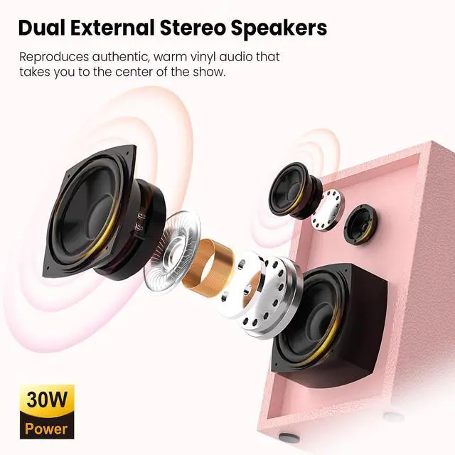 Alt view image 4 of 7 - TE-2028 Pink Bluetooth Record Player with External Speakers Belt-Drive Turntable for Vinyl Records Dual Stereo Speakers LP Players Support 3 Speed 3 Size, AUX RCA Output, Auto Stop