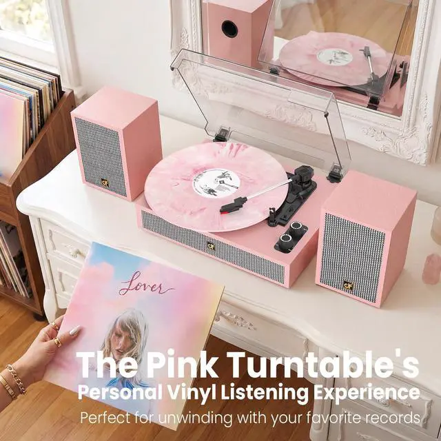 Alt view image 5 of 7 - TE-2028 Pink Bluetooth Record Player with External Speakers Belt-Drive Turntable for Vinyl Records Dual Stereo Speakers LP Players Support 3 Speed 3 Size, AUX RCA Output, Auto Stop