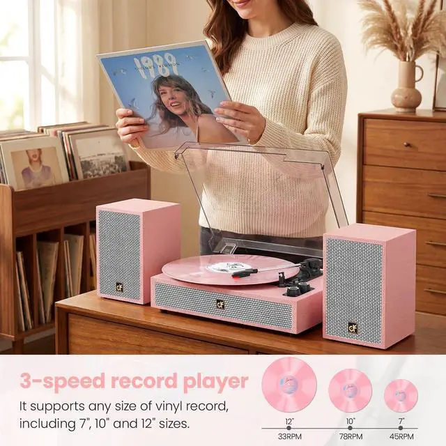 Alt view image 6 of 7 - TE-2028 Pink Bluetooth Record Player with External Speakers Belt-Drive Turntable for Vinyl Records Dual Stereo Speakers LP Players Support 3 Speed 3 Size, AUX RCA Output, Auto Stop