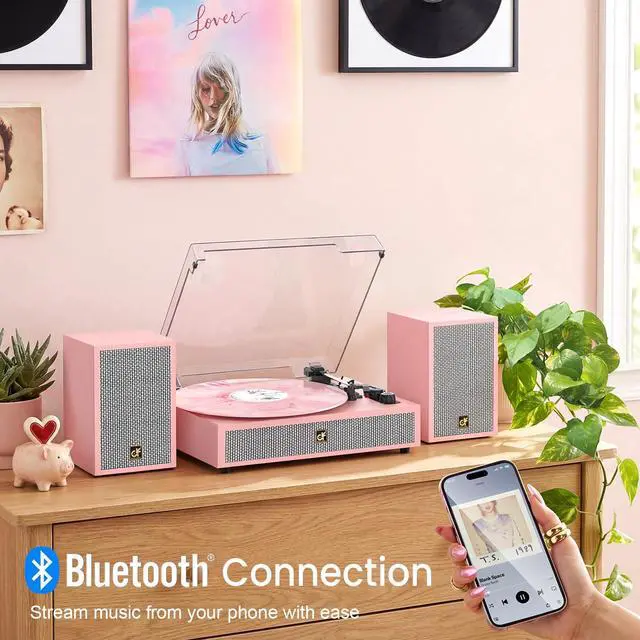 Alt view image 7 of 7 - TE-2028 Pink Bluetooth Record Player with External Speakers Belt-Drive Turntable for Vinyl Records Dual Stereo Speakers LP Players Support 3 Speed 3 Size, AUX RCA Output, Auto Stop