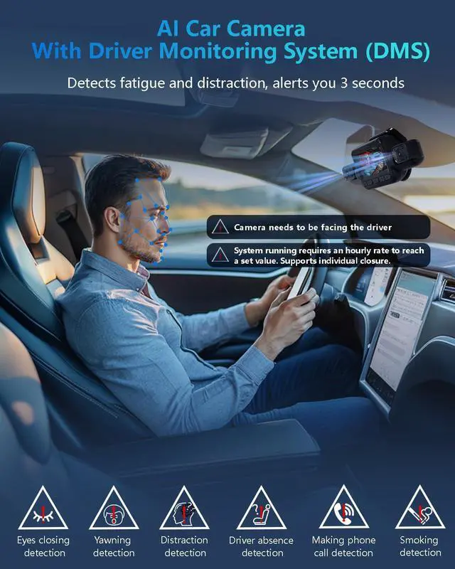 Alt view image 2 of 7 - AI 4K Dash Cam Front and Rear, 360° View 4 Channel Camera for Car | STARVIS 2, AI Driver Monitoring System, 3" Touch Screen, Night Vision, 5G Wi-Fi GPS, Free 64GB Card, 24H Parking Mode, V8 MAX