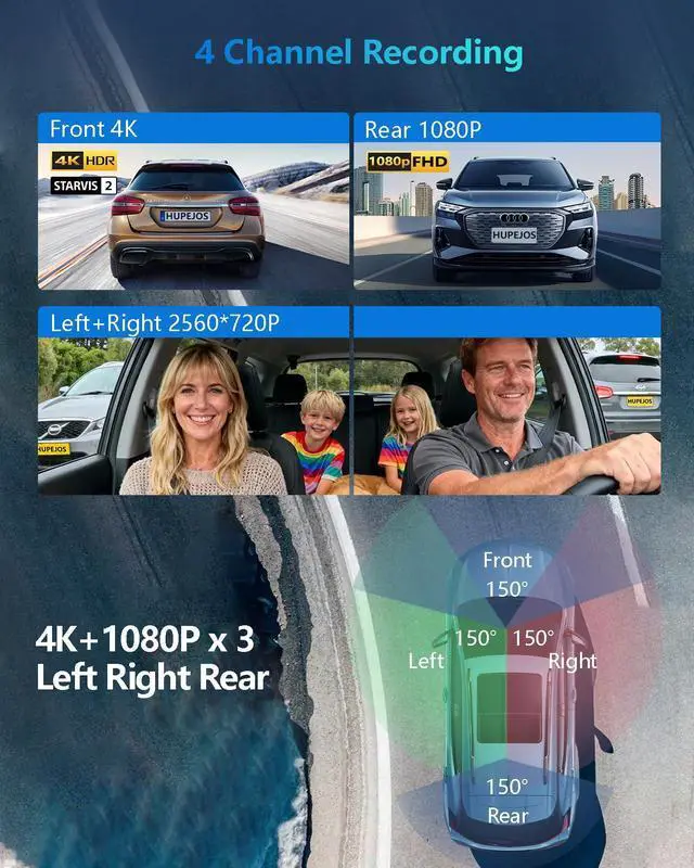 Alt view image 5 of 7 - AI 4K Dash Cam Front and Rear, 360° View 4 Channel Camera for Car | STARVIS 2, AI Driver Monitoring System, 3" Touch Screen, Night Vision, 5G Wi-Fi GPS, Free 64GB Card, 24H Parking Mode, V8 MAX