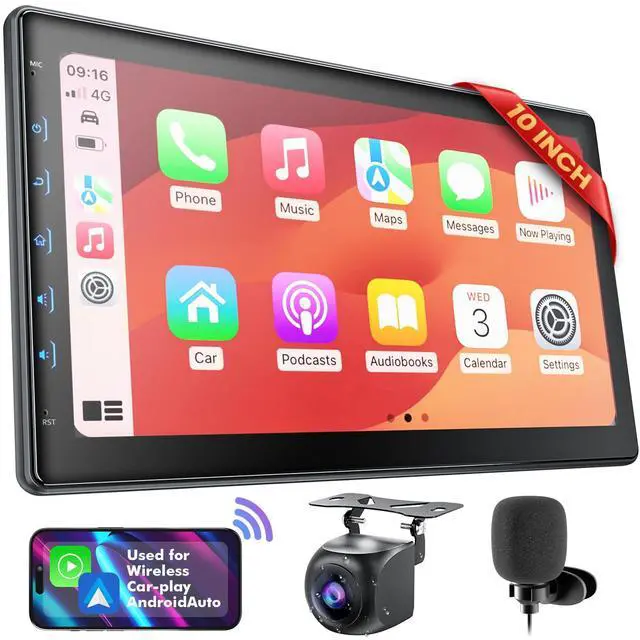 Main image of 10 Inch IPS Touch Screen Double Din Car Stereo Compatible with Wireless Carplay, Android Auto, Mirrorlink - Car Radio Audio Stereo Receiver with Bluetooth, FM, 720P Backup Camera