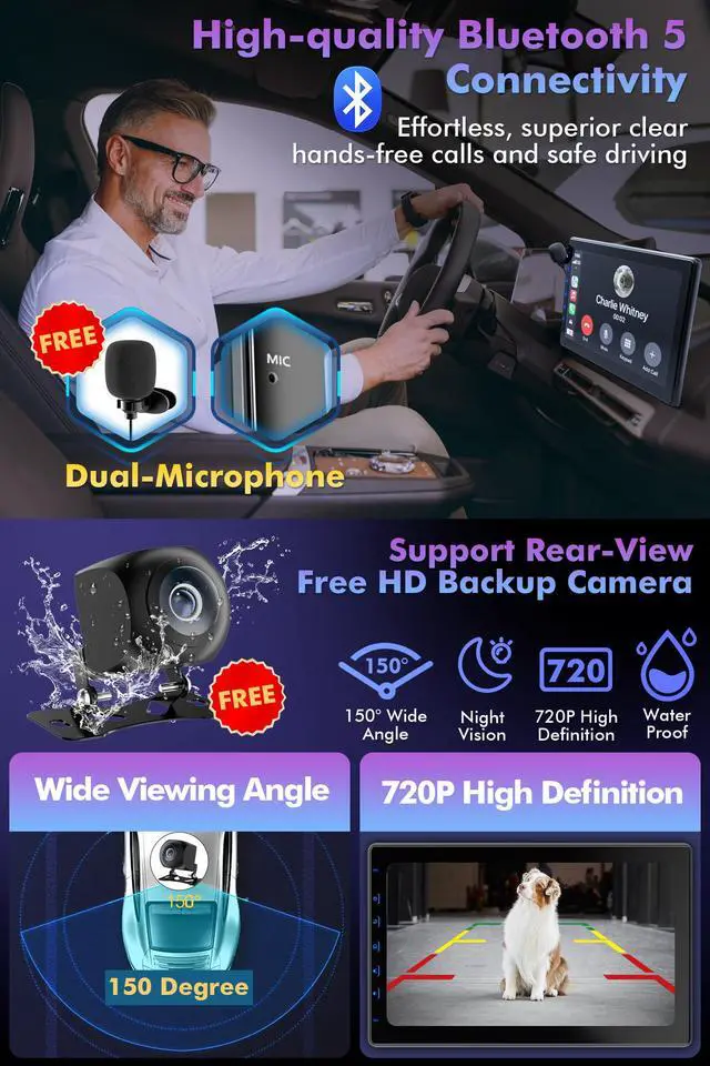 Alt view image 6 of 6 - 10 Inch IPS Touch Screen Double Din Car Stereo Compatible with Wireless Carplay, Android Auto, Mirrorlink - Car Radio Audio Stereo Receiver with Bluetooth, FM, 720P Backup Camera