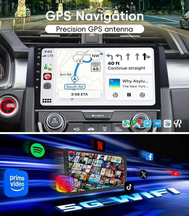 Alt view image 4 of 7 - 4G+64GB Android 13 Car Radio Stereo for Honda Civic 2016-2021, 9" Touch Screen Head Unit with Android 13/CarPlay/Android Auto/GPS Navigation/Bluetooth/FM/DSP Radio/AHD Backup Camera