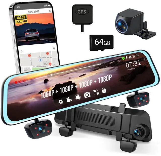 Main image of Mirror Dash Cam 4 Channel Dash Cam Front and Rear/Inside, Touch Screen 12 FHD 1080Px4 Rear View Mirror Camera, 8 IR Night Vision, Built-in WiFi, GPS, Parking Monitor