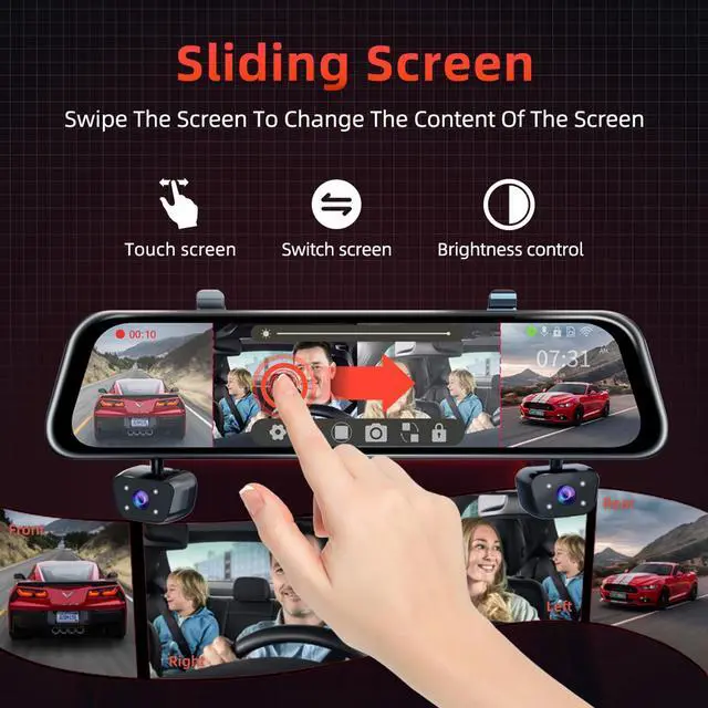 Alt view image 7 of 7 - Mirror Dash Cam 4 Channel Dash Cam Front and Rear/Inside, Touch Screen 12 FHD 1080Px4 Rear View Mirror Camera, 8 IR Night Vision, Built-in WiFi, GPS, Parking Monitor