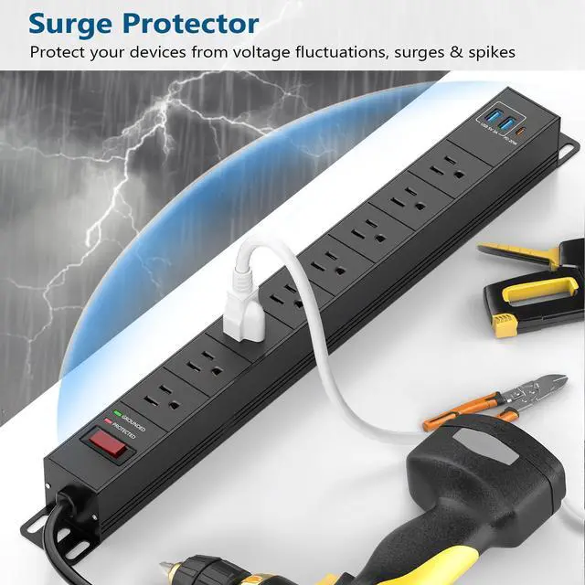 Alt view image 2 of 7 - 8 Outlet Heavy Duty Power Strip with USB PD 20W, Surge Protector 6FT Cord Long Power Strip with USB A & USB C, Wide Spaced and Wall Mount Metal Powerstrip for Home Office Garage Workshop