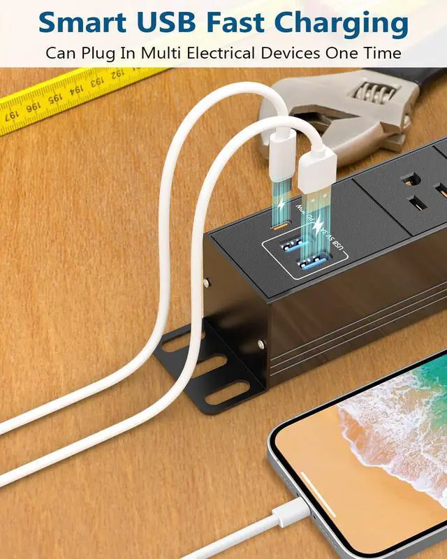 Alt view image 3 of 7 - 8 Outlet Heavy Duty Power Strip with USB PD 20W, Surge Protector 6FT Cord Long Power Strip with USB A & USB C, Wide Spaced and Wall Mount Metal Powerstrip for Home Office Garage Workshop