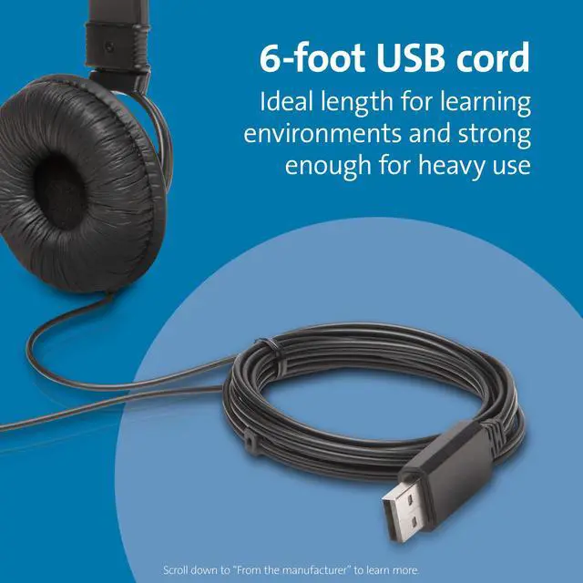 Alt view image 4 of 6 - USB-A Hi-Fi Headphones, On-Ear Headset, 6ft Cord, for Kids, for Adults, for School, Padded Adjustable Headband (K97600WW), Black