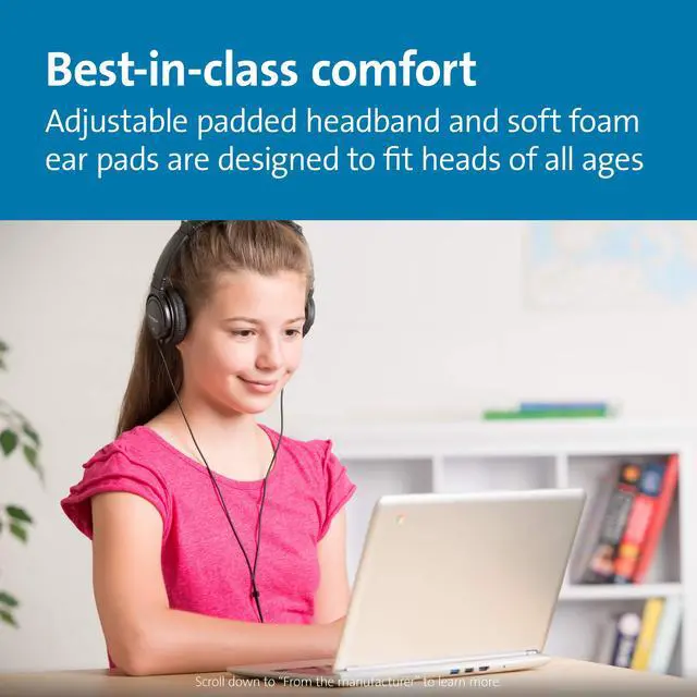 Alt view image 3 of 6 - USB-A Hi-Fi Headphones, On-Ear Headset, 6ft Cord, for Kids, for Adults, for School, Padded Adjustable Headband (K97600WW), Black