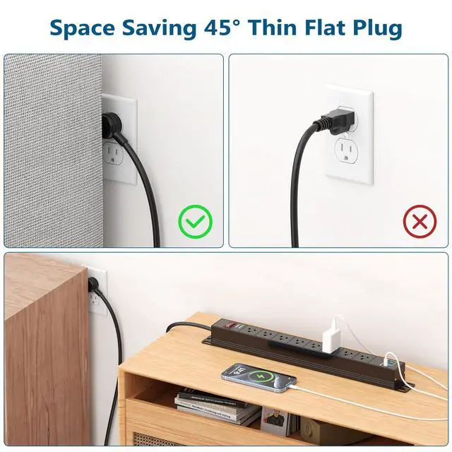 Alt view image 5 of 7 - 8 Outlet Heavy Duty Power Strip with USB PD 20W, Surge Protector 6FT Cord Long Power Strip with USB A & USB C, Wide Spaced and Wall Mount Metal Powerstrip for Home Office Garage Workshop
