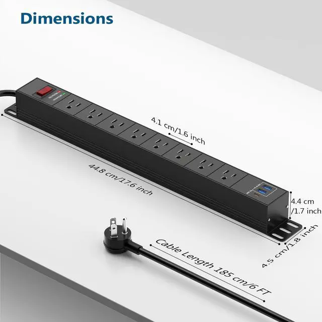Alt view image 7 of 7 - 8 Outlet Heavy Duty Power Strip with USB PD 20W, Surge Protector 6FT Cord Long Power Strip with USB A & USB C, Wide Spaced and Wall Mount Metal Powerstrip for Home Office Garage Workshop