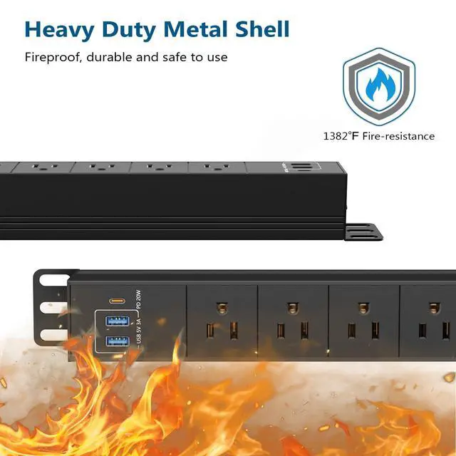 Alt view image 6 of 7 - 8 Outlet Heavy Duty Power Strip with USB PD 20W, Surge Protector 6FT Cord Long Power Strip with USB A & USB C, Wide Spaced and Wall Mount Metal Powerstrip for Home Office Garage Workshop
