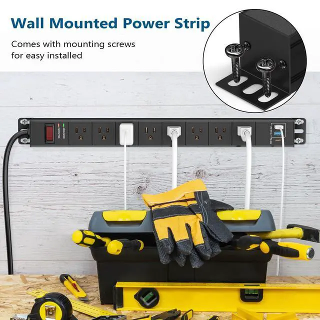 Alt view image 4 of 7 - 8 Outlet Heavy Duty Power Strip with USB PD 20W, Surge Protector 6FT Cord Long Power Strip with USB A & USB C, Wide Spaced and Wall Mount Metal Powerstrip for Home Office Garage Workshop