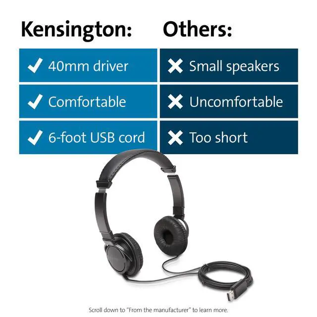 Alt view image 6 of 6 - USB-A Hi-Fi Headphones, On-Ear Headset, 6ft Cord, for Kids, for Adults, for School, Padded Adjustable Headband (K97600WW), Black