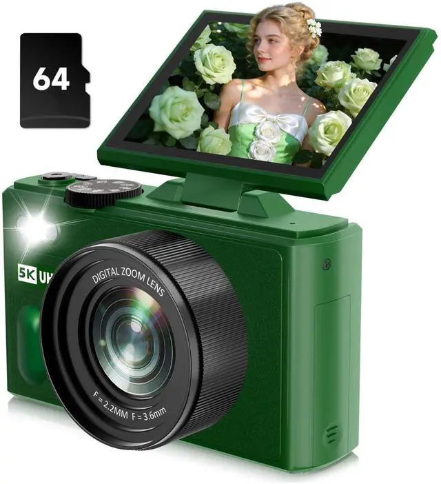 Main image of Digital Camera, 5K 80MP Camera Digital with 3" 180° Flip Screen with 18X Zoom, 64GB SD Card, Compact Travel Camera for YouTube with Anti-Shake, Camera for Teens(Deep Green)