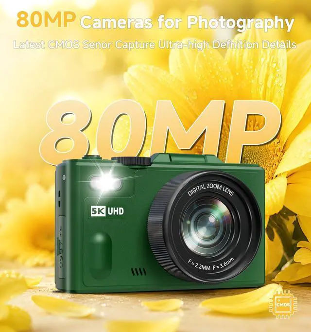 Alt view image 2 of 7 - Digital Camera, 5K 80MP Camera Digital with 3" 180° Flip Screen with 18X Zoom, 64GB SD Card, Compact Travel Camera for YouTube with Anti-Shake, Camera for Teens(Deep Green)