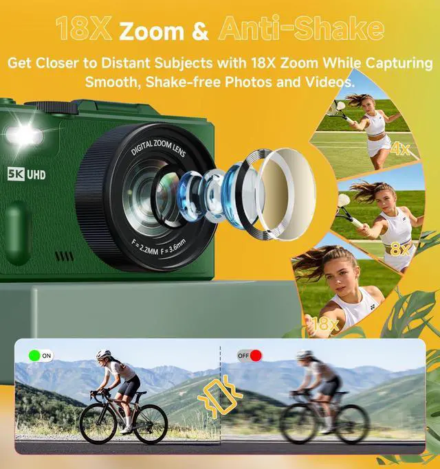 Alt view image 3 of 7 - Digital Camera, 5K 80MP Camera Digital with 3" 180° Flip Screen with 18X Zoom, 64GB SD Card, Compact Travel Camera for YouTube with Anti-Shake, Camera for Teens(Deep Green)