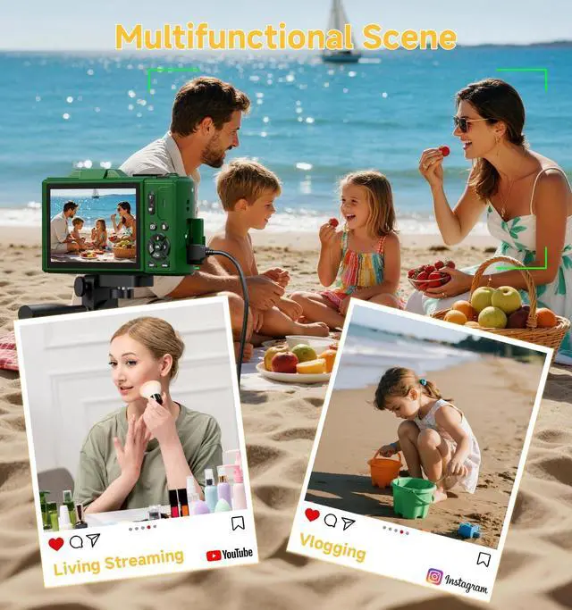 Alt view image 7 of 7 - Digital Camera, 5K 80MP Camera Digital with 3" 180° Flip Screen with 18X Zoom, 64GB SD Card, Compact Travel Camera for YouTube with Anti-Shake, Camera for Teens(Deep Green)