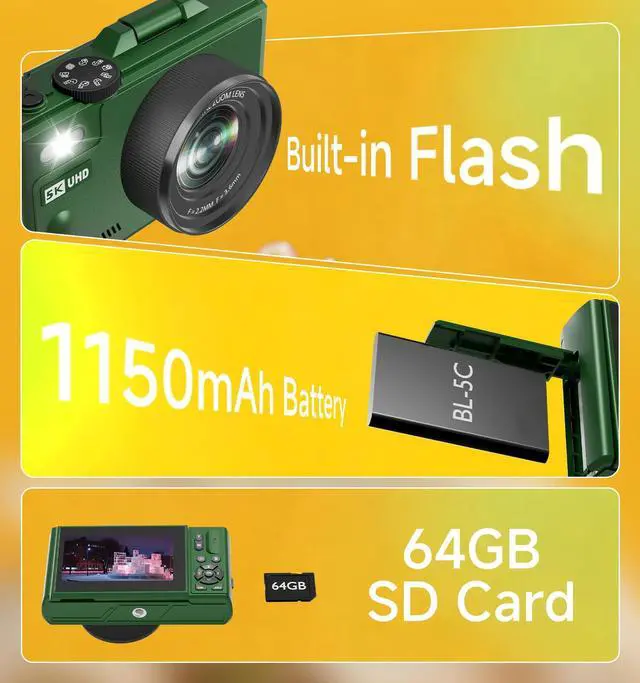 Alt view image 6 of 7 - Digital Camera, 5K 80MP Camera Digital with 3" 180° Flip Screen with 18X Zoom, 64GB SD Card, Compact Travel Camera for YouTube with Anti-Shake, Camera for Teens(Deep Green)