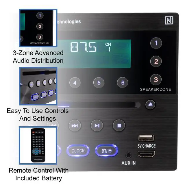 Alt view image 5 of 7 - iRV Technology iRV32V2 AM/FM/CD/DVD/MP3/MP4/HDMI in&out w/ ARC/Digital 2.1/Surround Sound/Bluetooth/CEC/NFC,3 Zones Wall Mount RV Radio Stereo w/ APP Control, USB using 5V charging both Android&Apple