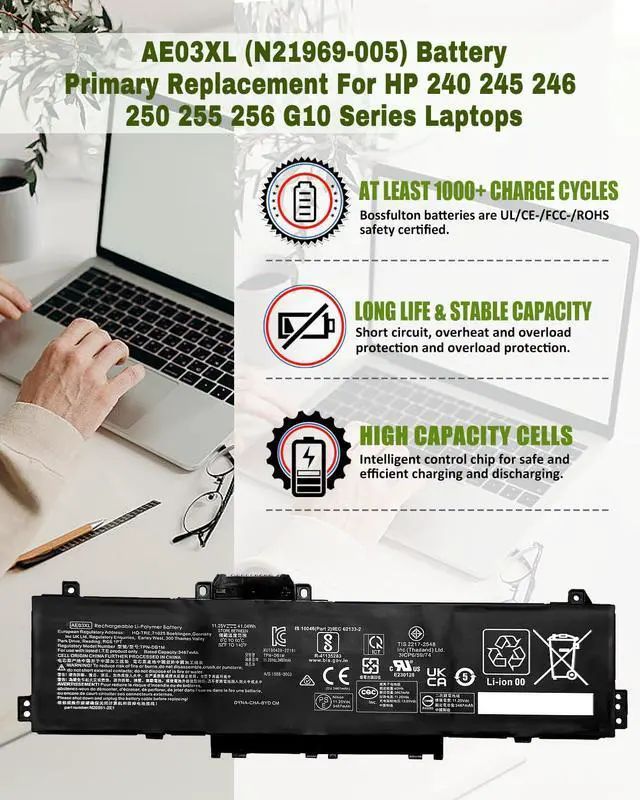 Alt view image 3 of 5 - 41.04Wh AE03XL N21969-005 Battery Replacement for HP 240 245 246 250 G10 255 Series Notebook - N20951-171 N20951-CC1