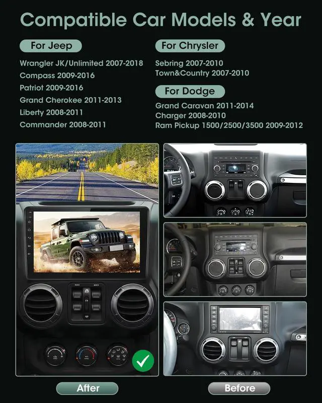 Alt view image 2 of 7 - Car Radio Stereo for Jeep Wrangler JK 2007-2018 Grand Cherokee Patriot Compass Dodge Ram, Touch Screen Car Stereo with Bluetooth, Carplay, Android Auto, Backup Camera, Head Unit for Jeep JK